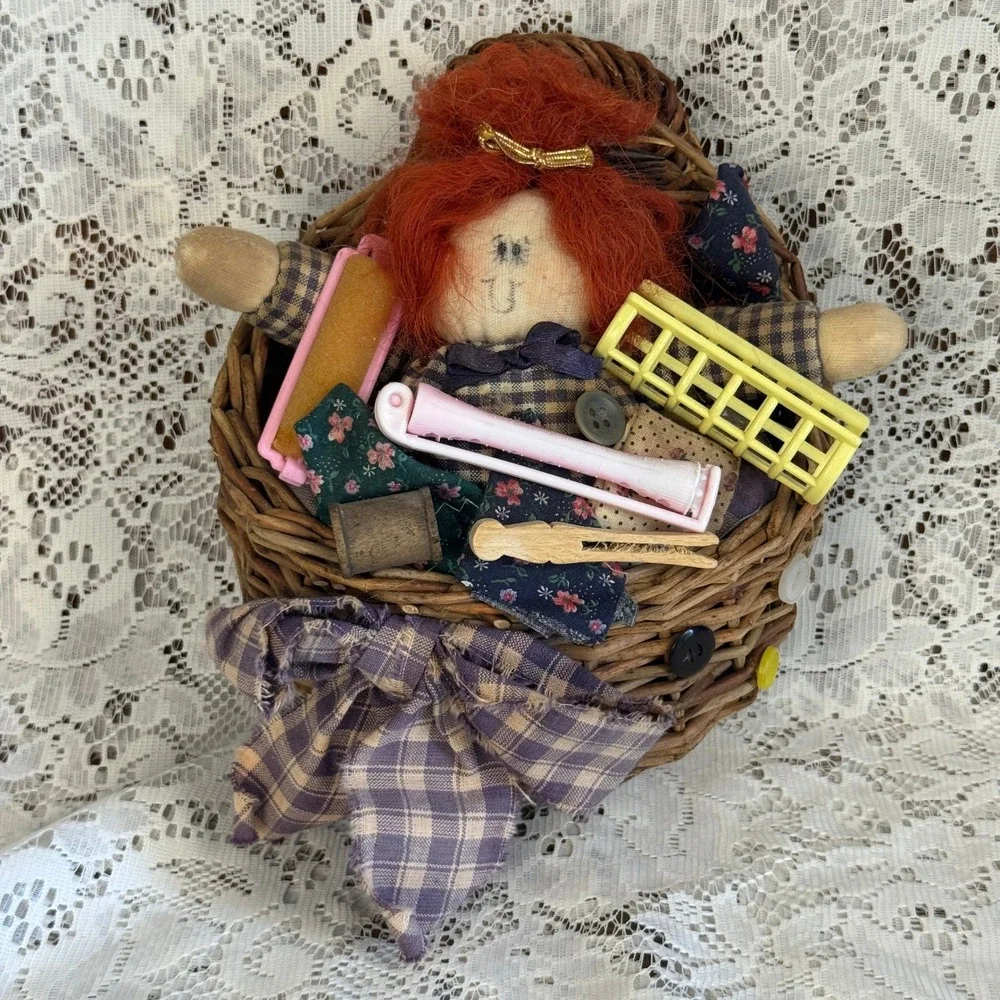 Primitive Country Rag Doll Wicker Wall Basket Farmhouse Decor Laundry Notions
